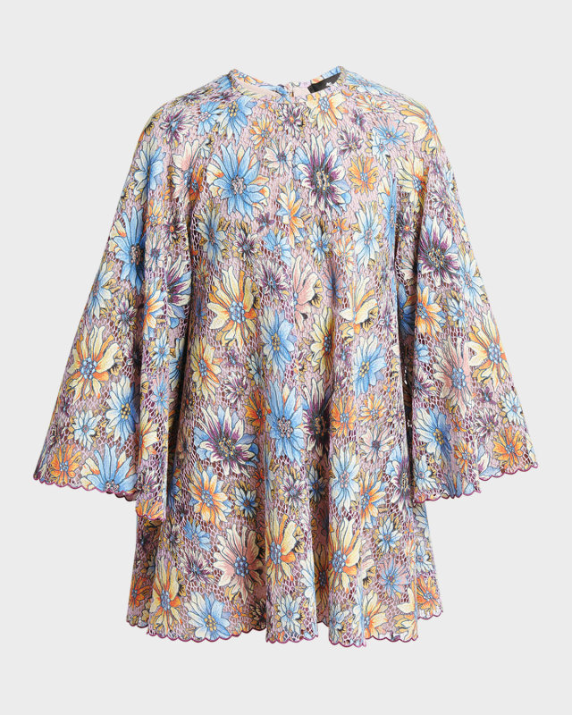 Embroidered Floral Lace Bell-Sleeve Mini Dress